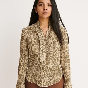 Emanuel Ungaro vintage silk & cotton ruffle button down blouse 4 small tan beige